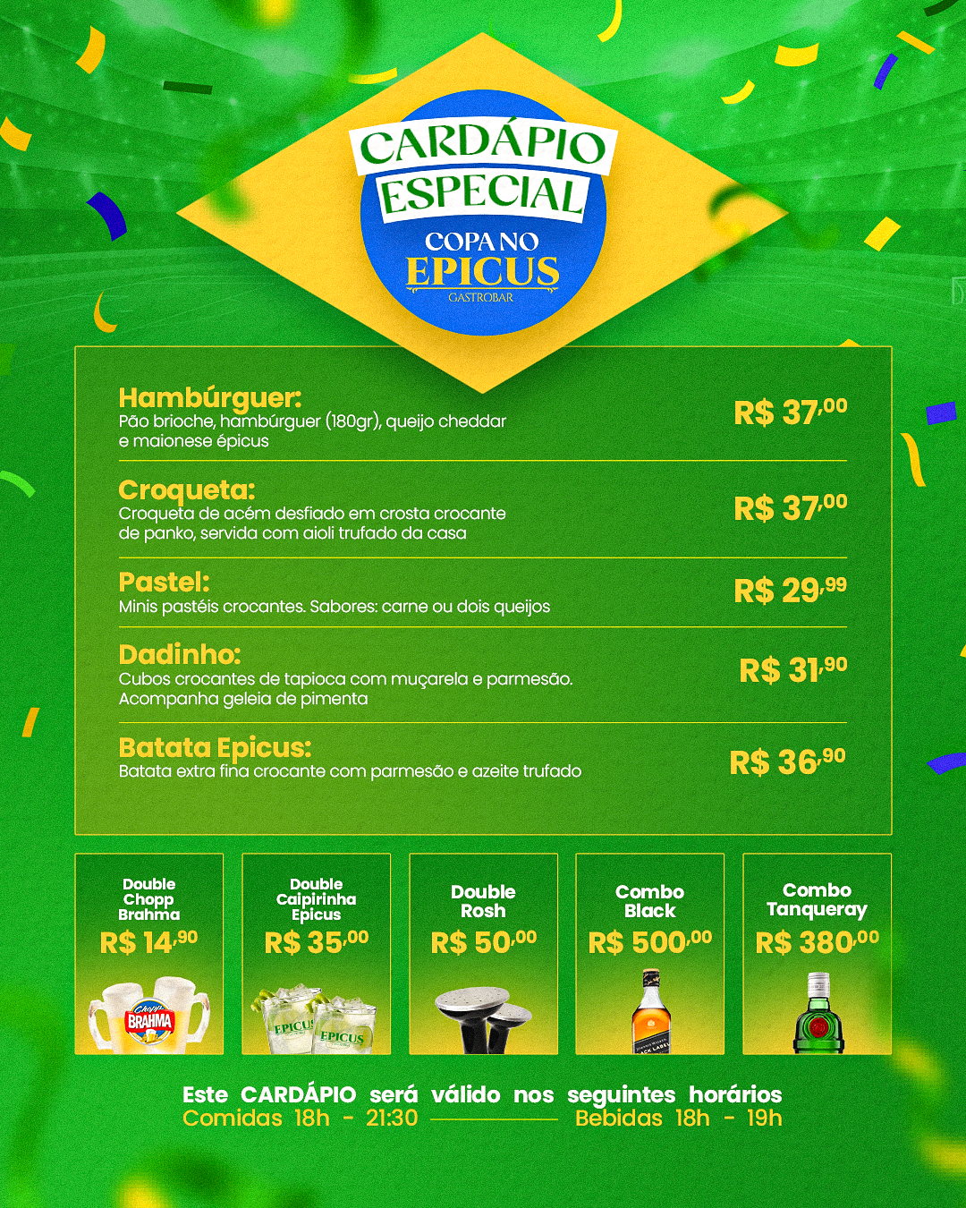 Cardápio especial Copa no Epicus Gastrobar